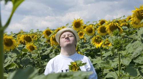 Young man with down syndrome resting and happy as the sun in the blooming field homme avec le syndrome de down dans un champ de tournesol